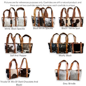 May include: A collection of eight cowhide leather handbags in various patterns and colors, including white, black, brown, and grey. The handbags have brown leather straps and are displayed on a white background. The text below each bag describes the pattern, such as "White Black Speckle" and "Salt And Pepper".