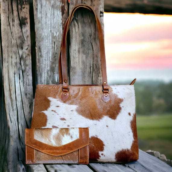 Cowhide Tote Bag & Wallet Set: Highlands Collection Large Purse And Wallet