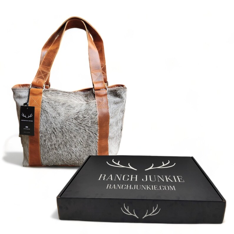 Highlands Genuine Cowhide Tote Handbag Black Cowhide Purse Gray Brindle