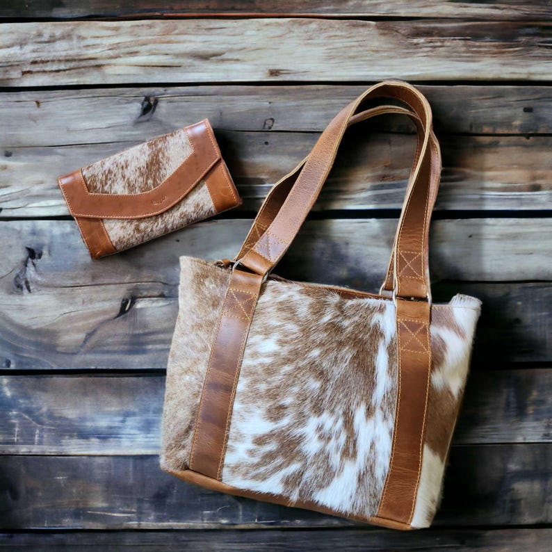 Bundle Deal Highlands Cowhide Tote Purse Saddle + Envelope Cowhide Large Wallet Saddle