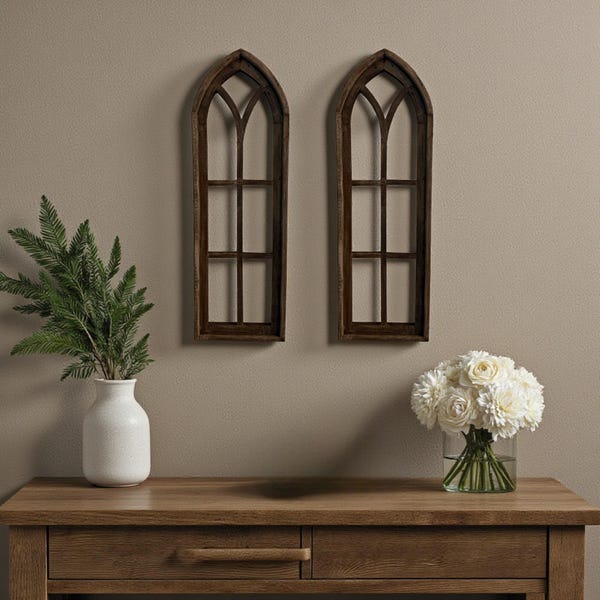 37" X 12" Farmhouse Rustic Wooden Wall Window Arches Rustic Brown Dandelion