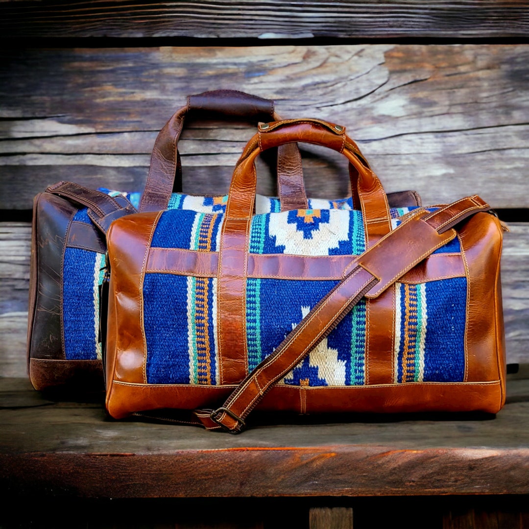 Dakota Southwestern Saddle Blanket Aztec Weekender Leather Duffel Bag