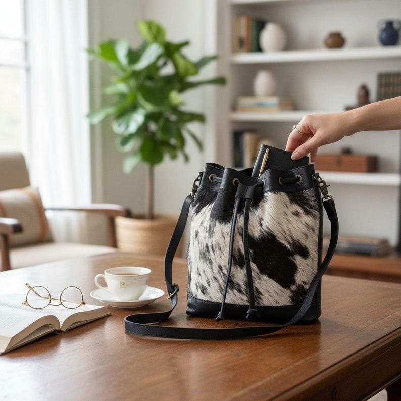 Highlands Large Cowhide Drawstring Bucket Handbag Western Bag - Ranch Junkie Mercantile LLC