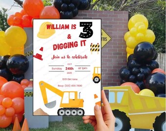 Construction Birthday Invitation | I'm 3 and DIGGING It | Digital Template for Boys | Editable Dump Truck Party Invite