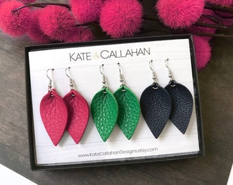 Leather Earring Gift Set, SMALL Pinched Leaf Genuine Leather Earrings, Personalized Leather Earring Gift Set - YOU CHOOSE Any Three Colors!