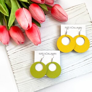 Genuine Saffiano Leather Hoop Earrings, Lemon Yellow Hole in One Hoops Earrings, You Choose Your Hoop Size and Color, Mother&#39;s Day Gifts
