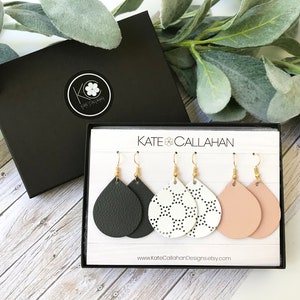 Premium Genuine Leather Petite Drop Earring Set, Small Leather Earrings, Gift Set of Leather Earrings, Customizable Leather Earrings COLORS!