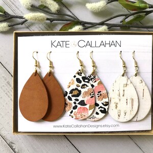Genuine Cork and Leather Earrings, Raindrop Earring Set with Pink Poppy Leopard, Animal Print Cork and Leather Set, Customizable Earring Set