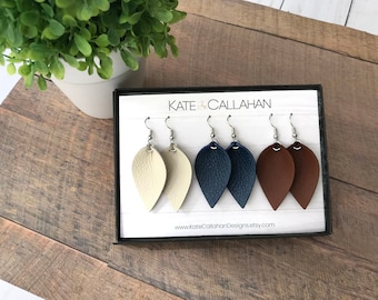 SMALL Pinched Leaf Genuine Leather Earrings, Leather Earring Gift Set, Personalized Leather Earring Gift Set - YOU CHOOSE Any Three Colors!