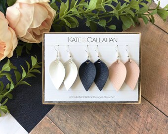 Leather Earring Gift Set, SMALL Pinched Leaf Genuine Leather Earrings, Personalized Leather Earring Gift Set - YOU CHOOSE Any Three Colors!