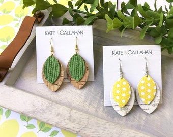 Palm Leaf and Cork Marquise Leather Earrings, Personalized Leaf Leather and Cork Earrings, You Choose Your Custom Color Combination