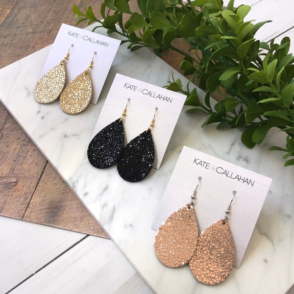 Genuine Leather Stingray Earrings, Leaf and Teardrop Shaped Leather Earrings, Sparkle Leather, Shinny Leather, Choose Your Size and Shape