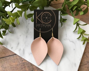 Choose Your Size and Color Genuine Leather Earrings, Blush Leather Earrings, Small, Large and Long Leaf Sizes, Pinched Petal Shape Earrings