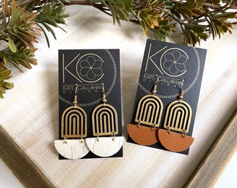 NEW DESIGN! Meet Nicki, Genuine Leather and Brass Boho Earrings, Choose Your Color in any Alpine Matte Leather and Leather Backed Cork