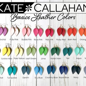 May include: A chart of 30 different leather earring colors, including fuchsia, orchid, pale pink, bubble pink, rose pink, hot pink, ruby red, barn red, orange, coral, mustard yellow, sunshine yellow, pale yellow, leaf green, lime, hunter green, teal, aqua, sea blue/green, storm blue, mint blue, turquoise, denim, sky blue, country blue, royal blue, navy, periwinkle, and purple. The earrings are all in the shape of a teardrop.