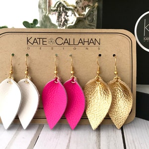 SMALL Pinched Leaf Genuine Leather Earrings, Leather Earring Gift Set, Personalized Leather Earring Gift Set - YOU CHOOSE Any Three Colors!