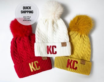 Embroidered KC Beanie Hat, Knit KC Hat, Kansas City Beanie Hat, KC Football Beanie, Kansas City Soccer Baseball Lined Pom Pom Beanie Hat