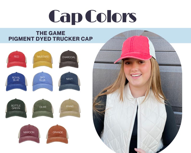 May include: A selection of pigment dyed trucker caps in various colours, including red, mustard, charcoal, royal blue, sky blue, navy, bottle green, olive, khaki, maroon, and orange. The caps are all made of a soft, comfortable material and feature a mesh back.