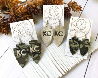 Handmade Genuine Leather KC Camo Arrowhead Earrings, KC Chiefs Salute to Service Como Arrowhead Earrings, Small Leather Arrowhead Earrings