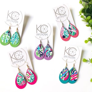 Genuine Leather & Summer Brights Print Lily Drop Earrings, Genuine Leather Earrings, Summer Leather Earrings, Choose Your Pattern and Color