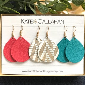 Premium Leather Petite Drop Trios, Chevron Leather Earrings, Small Leather Earrings, Three Pair Customizable Leather Earrings Gift Set