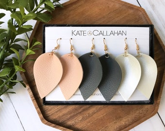 LARGE Leaf Leather Earrings Set, You Choose Your Colors, Pinched Leaf Petal Earrings, Multi Pack Three, 3 pairs of Genuine Leather Earrings