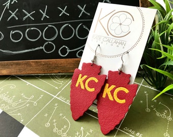 Handmade Genuine Leather Arrowhead Earrings, Throwback Inlay KC and 15 Mahomes Earrings, All Leather Kansas City Chiefs Arrowhead Earrings