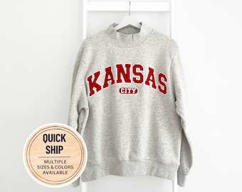 Kansas City Mockneck Sweatshirt, Embroidered KC Mock Neck Sweatshirt, Kansas City Varsity Mockneck in Classic Gray with Kingdom Red or Navy