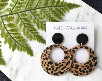 Leopard Cork Hoops/Leather & Acrylic Earrings/Genuine Cork Animal Print Earrings/Multiple Styles - Teardrops, Hoops, Mini Drops and more!