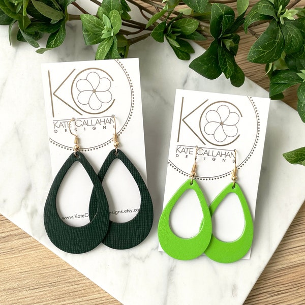 Custom Color Georgia and Gigi Drops, Green and Gold Genuine Leather Earrings, Custom St. Patrick's Day Earrings, Choose Design and Color