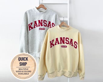 Kansas City Varsity Mockneck Sweatshirt, Embroidered KC Mock Neck Sweatshirt, Kansas City Signature Mockneck in KC Red and Butter Yellow