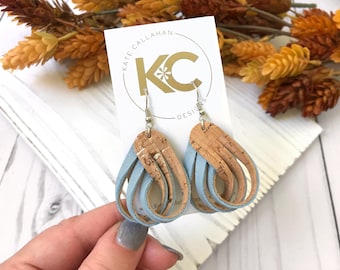 NEW DESIGN! Twist and Shout Earrings in Leather Backed Cork and Double Sided Leather, Available in Multiple Colors, Holiday Gifts for Her