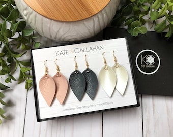 Leather Earring Gift Set, SMALL Pinched Leaf Genuine Leather Earrings, Personalized Leather Earring Gift Set - YOU CHOOSE Any Three Colors!