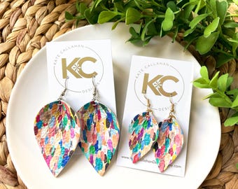 Mexican Watercolor Confetti Genuine Leather and Cork Earrings, Choose Your Shape, Size or Set, Personalized Leather Earrings, Summer Earring
