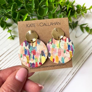 Watercolor Confetti Leather & Cork Earrings, Genuine Leather and Cork Earrings in Your Choice of Design and Size, Colorful Cork Earrings