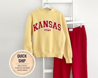 Kansas City Mockneck Sweatshirt, Embroidered KC Mock Neck Sweatshirt, Kansas City Varsity Mockneck in Yellow Banana Peel with Kingdom Red