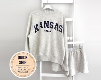 Kansas City Mockneck Sweatshirt, Embroidered KC Mock Neck Sweatshirt, Kansas City Varsity Mockneck in Classic Gray with Kingdom Red or Navy
