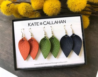 Leather Earring Gift Set, SMALL Pinched Leaf Genuine Leather Earrings, Personalized Leather Earring Gift Set - YOU CHOOSE Any Three Colors!