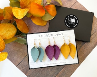 Leather Earring Gift Set, SMALL Pinched Leaf Genuine Leather Earrings, Personalized Leather Earring Gift Set - YOU CHOOSE Any Three Colors!