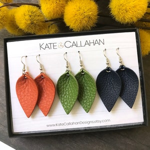 Leather Earring Gift Set, SMALL Pinched Leaf Genuine Leather Earrings, Personalized Leather Earring Gift Set - YOU CHOOSE Any Three Colors!