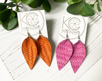 Braided Leather Earrings, You Choose Your Color and Size, Pinched Leaf Petal Style, Herringbone Leather Earrings, Embossed Leather Earrings