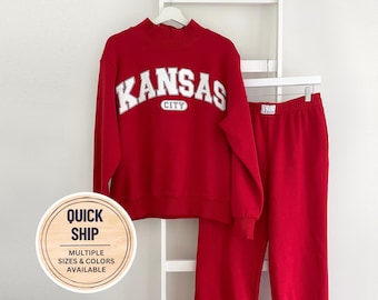 Kansas City Mockneck Sweatshirt, Embroidered KC Mock Neck Sweatshirt, Kansas City Varsity Mockneck in Yellow Banana Peel with Kingdom Red