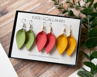 Leather Earring Gift Set, SMALL Pinched Leaf Genuine Leather Earrings, Personalized Leather Earring Gift Set - YOU CHOOSE Any Three Colors!