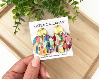 Watercolor Confetti Leather & Cork Earrings, Genuine Leather and Cork Earrings in Your Choice of Design and Size, Colorful Cork Earrings