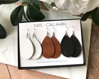 Raindrop Basic Leather Earrings Set, Gift Set of leather earrings, Custom Color Trio - You choose your colors and set!