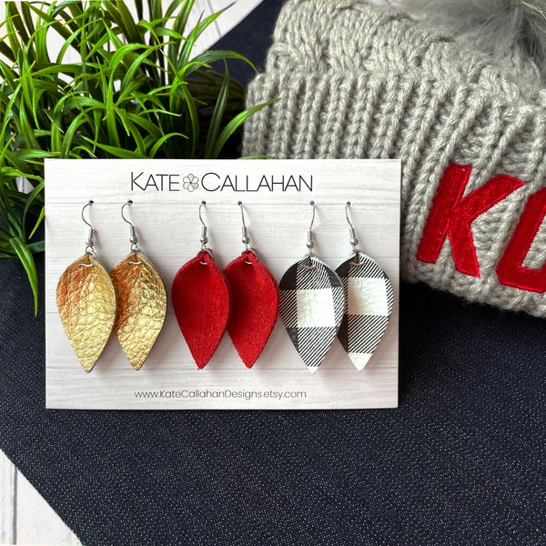 Kansas City Chiefs Genuine Leather Earring Sets, Custom Earring Set, Choose Your Color Combination, Buffalo Check, Suede & Leather Earrings