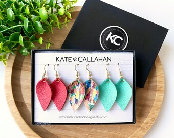 Premium Genuine Leather Pinched Leaf Earring Set, Watercolor Confetti Leather Earrings, Custom Personalized Leather Earring Set, 70+ COLORS!