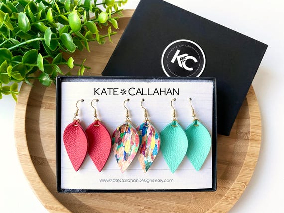 Premium Genuine Leather Pinched Leaf Earring Set, Watercolor Confetti Leather Earrings, Custom Personalized Leather Earring Set, 70+ COLORS!
