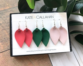 Leather Earring Gift Set, SMALL Pinched Leaf Genuine Leather Earrings, Personalized Leather Earring Gift Set - YOU CHOOSE Any Three Colors!