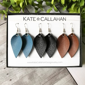 SMALL Pinched Leaf Genuine Leather Earrings, Leather Earring Gift Set, Personalized Leather Earring Gift Set - YOU CHOOSE Any Three Colors!